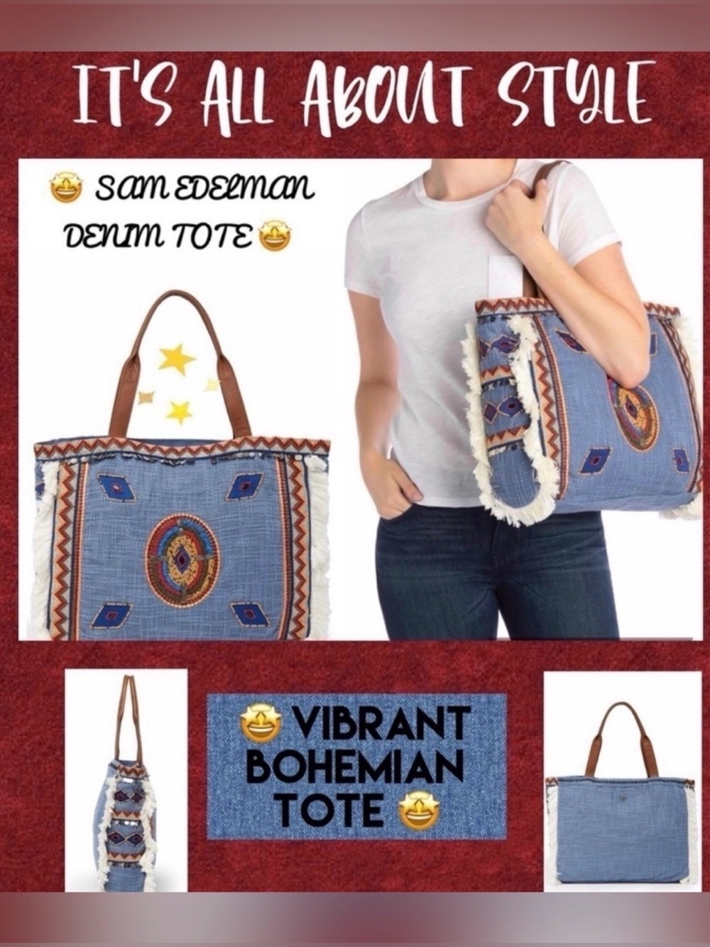 NWT Sam Edelman Denim Tote Bag With Vibrant Geometric Shape Trim